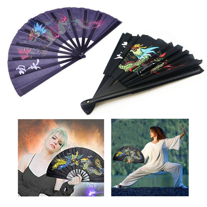 4 Pc Jumbo Fan Folding Hand Held Dance Martial Arts Dragon Kung Fu Nylon Party