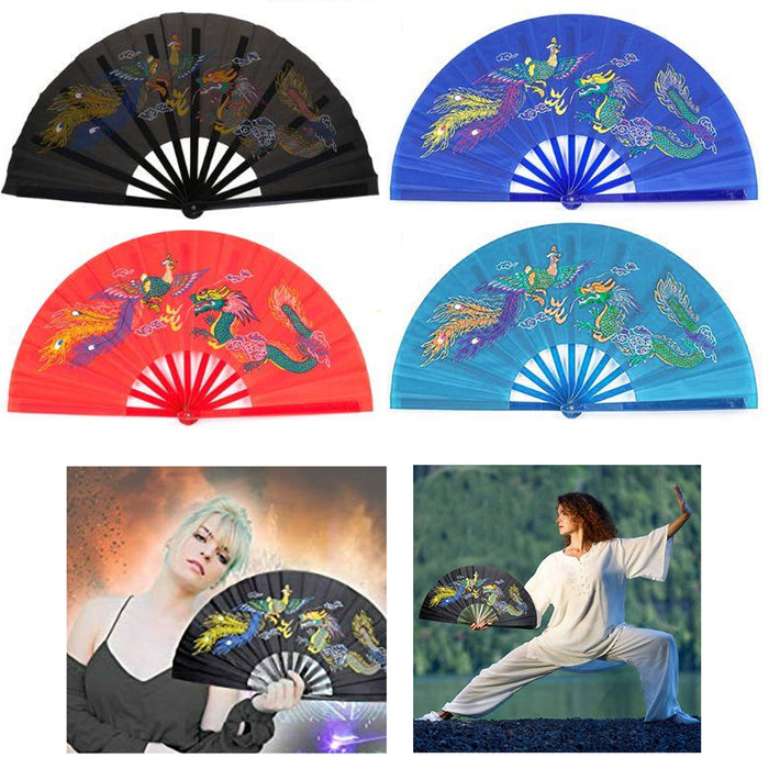4 Pc Jumbo Fan Folding Hand Held Dance Martial Arts Dragon Kung Fu Nylon Party