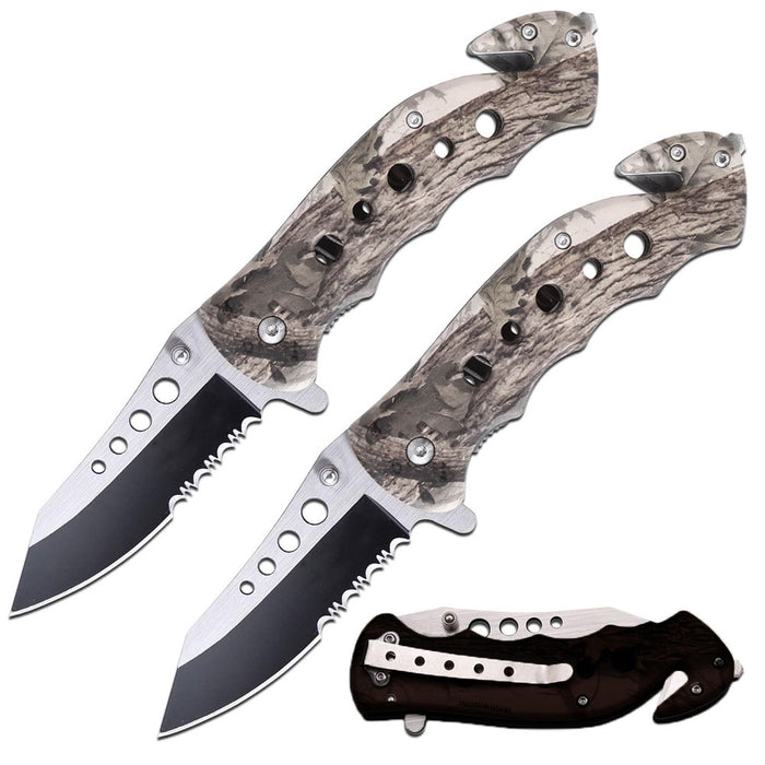 2 Hunting Tactical Knives Camo Folding Spring Knife 3" Blade Clip Survival Army