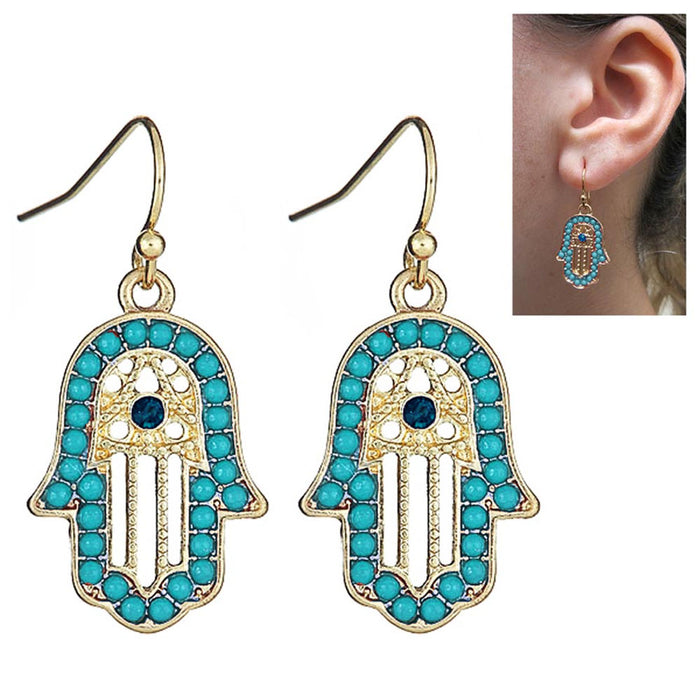 Blue Hamsa Hand Fatima Hook Drop Earrings Evil Eye Dangle Kabbalah Jewel Women