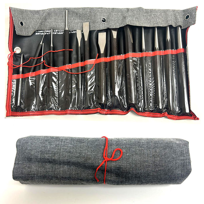 14 Pc Punch Chisel Set Taper Pin Center Punches Cold Chisels Kit Cloth Bag Pouch