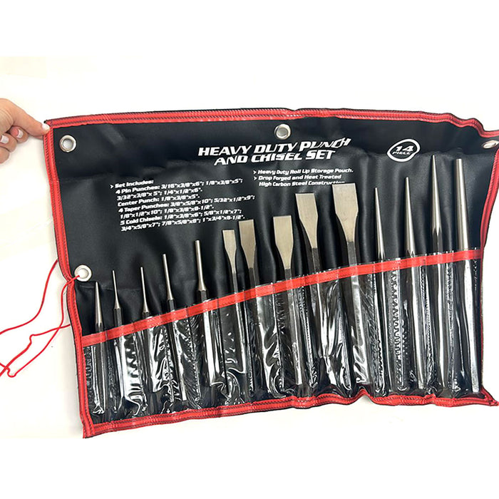 14 Pc Punch Chisel Set Taper Pin Center Punches Cold Chisels Kit Cloth Bag Pouch