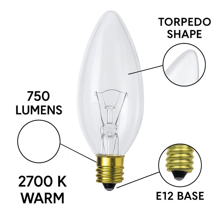 4 Clear 60 Watt Candelabra Night Light Bulbs 120V Torpedo Lamp Chandelier Sconce