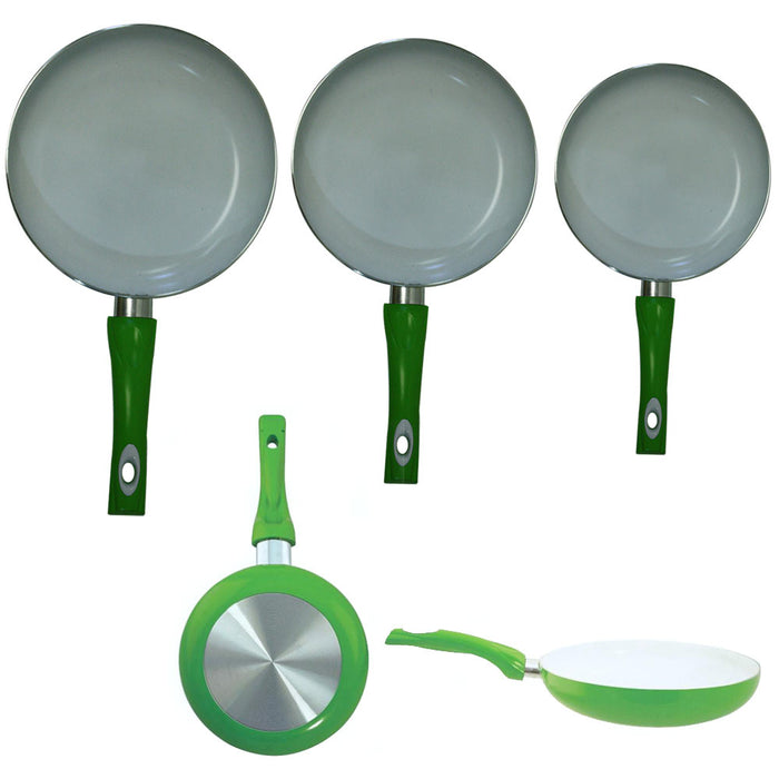 3 Non Stick Ceramic Coated Fry Pan Set  Eco Green Healthy Cookware 8" 9.5" 11"