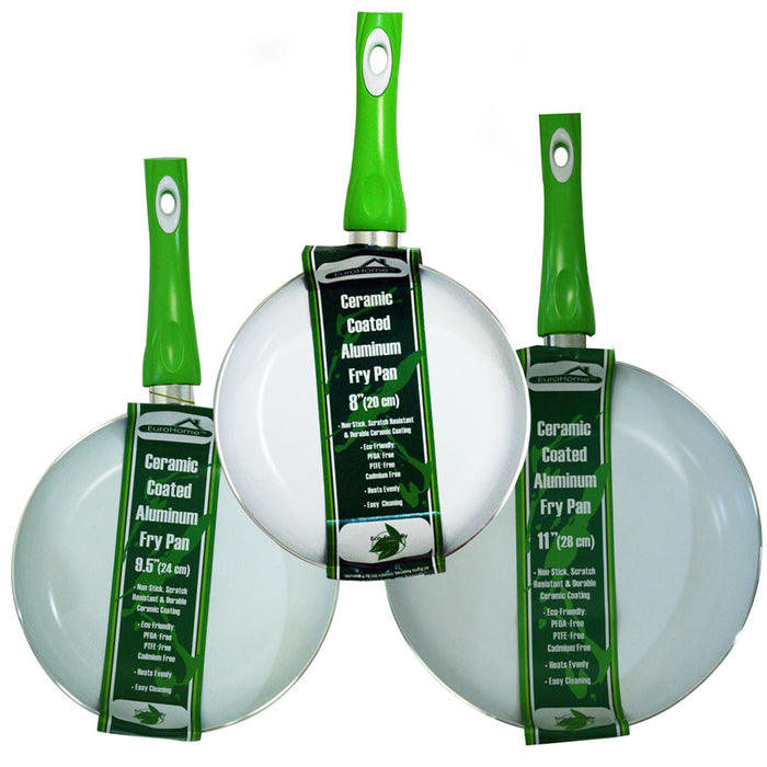 3 Non Stick Ceramic Coated Fry Pan Set  Eco Green Healthy Cookware 8" 9.5" 11"