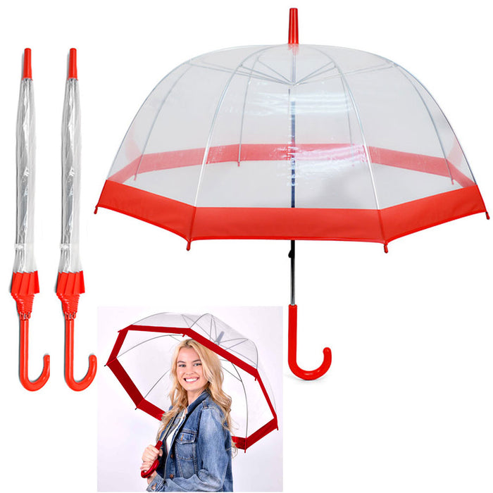 2 Pk Dome Umbrella Red Trim Transparent Clear See Through Bubble Parasol Shield