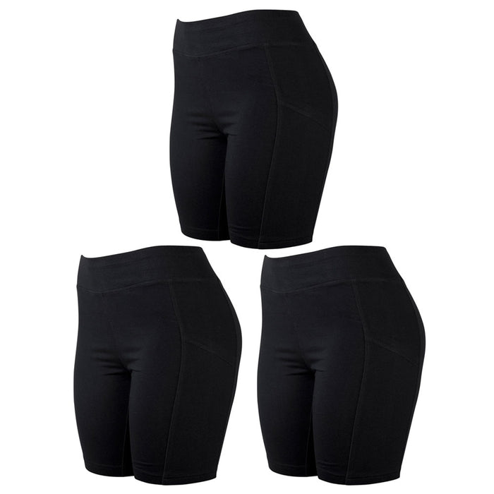 3 Women's Biker Leggings Shorts w/ Pockets Yoga Sports Running Exercise Black L