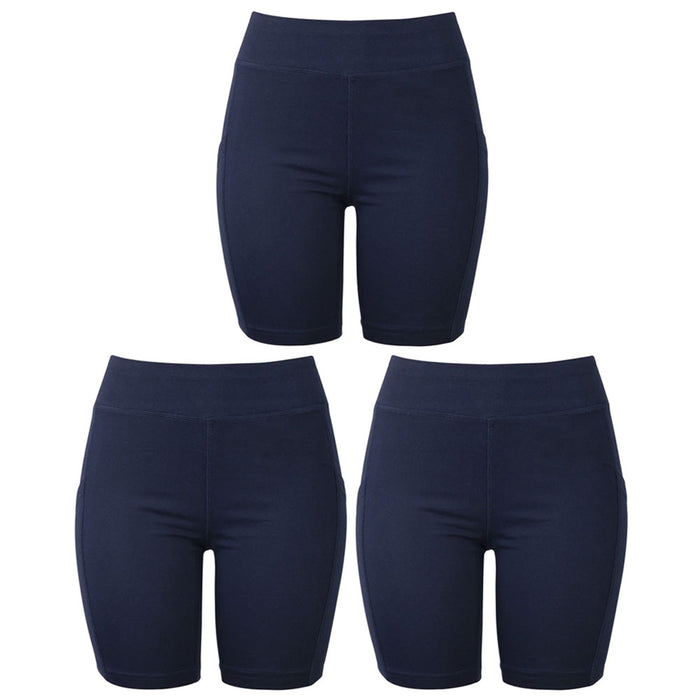 3 Women's Biker Leggings Shorts w/ Pockets Yoga Sports Running Exercise Navy M