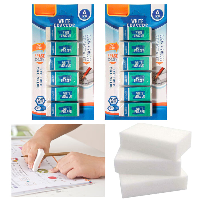 12 Pc School Office White Erasers Rubber Clean No Smudge Art Erase Pencil Marks