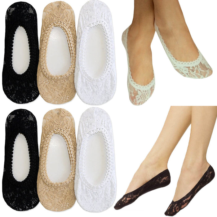 6 Pairs Ladies Lace Liner Socks No Show Assorted Foot Covers Low Cut Boat 9-11