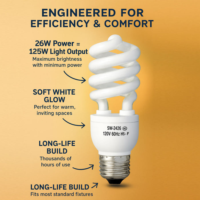 12 Pk Soft White 26W Spiral CFL Light Bulbs 125W Equivalent E26 Medium Base Lamp