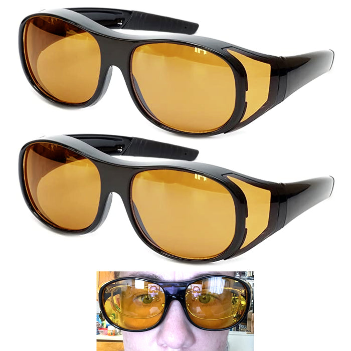2 Pc Large Fit Cover Over Most Rx Glasses Sunglasses Safety Drive Yellow Lens