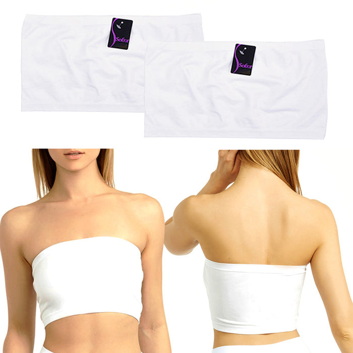 2 Seamless Tube Tank Top Bandeau Spandex Plain Cropped Bra Strapless Yoga White