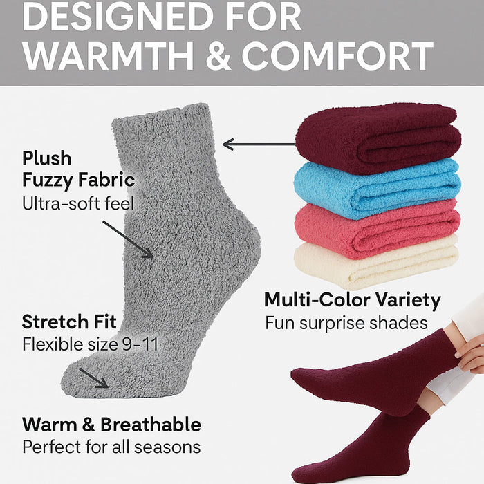 6 Pairs Ladies Cozy Socks Plush Fuzzy Soft Warm Slipper Women Pastel Colors 9-11