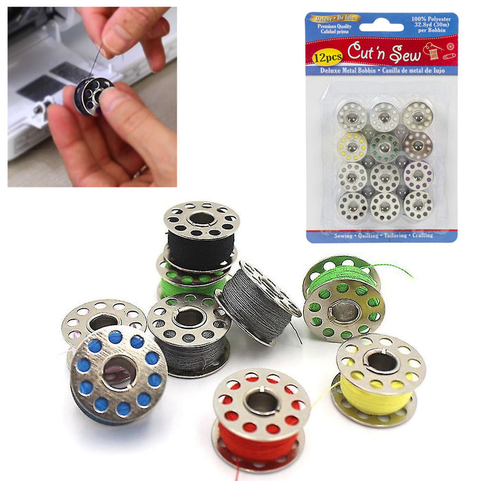 12 Bobbins Sewing Threads Assorted Colors Embroidery Machine Metal Bobbin Spool