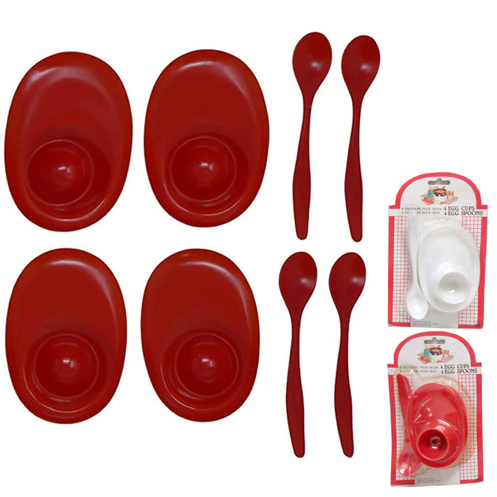 8 Pc Egg Cups w/ Spoons Set Poached Hard Boiled Bowl Saucer Breakfast Kitchen