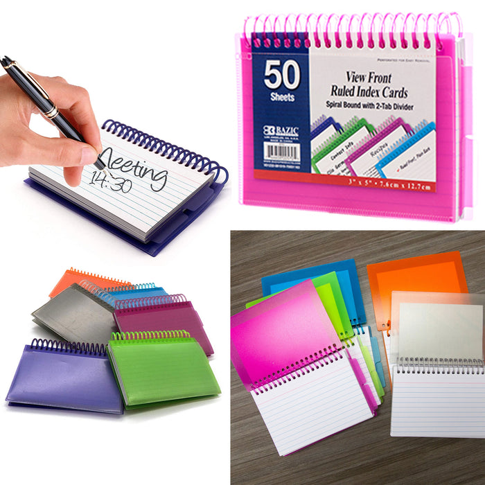 2pc Poly Spiral Bound Index Cards 3" X 5" Ruled 50Ct 2 Tabs School Office Colors