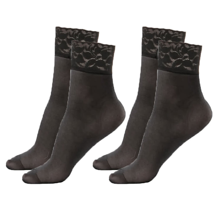 2 Pairs Women's Ankle High Trouser Socks Lace Opaque Sheer Nylon Black One Size