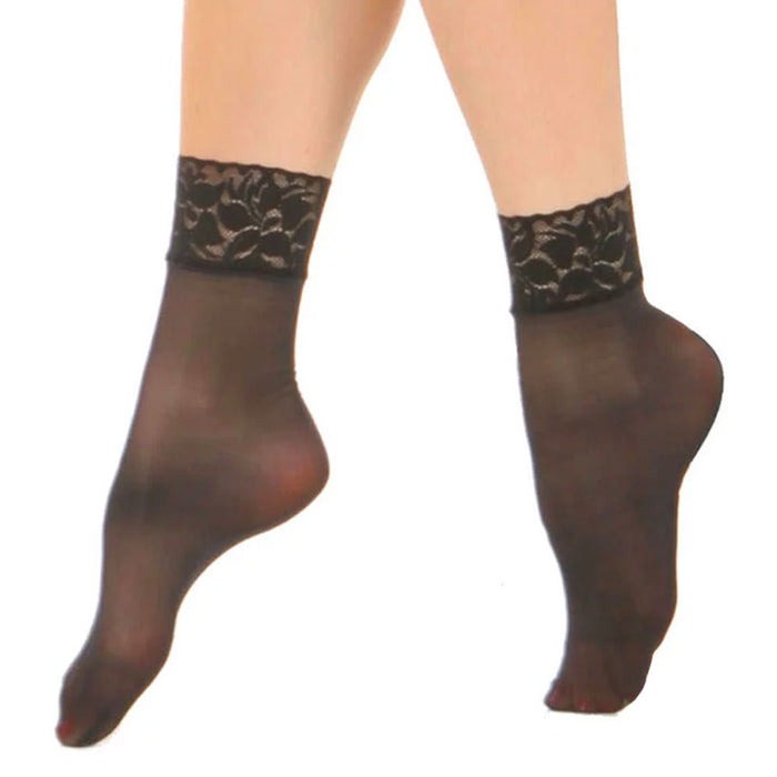 2 Pairs Women's Ankle High Lace Trouser Socks Opaque Sheer Nude Black One Size