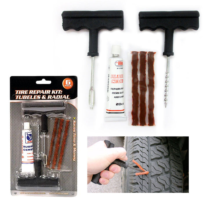 6 Pc Tire Repair Kit Tubeless Flat Tire Patch Car Rasp Plugs Tool Rubber Cement