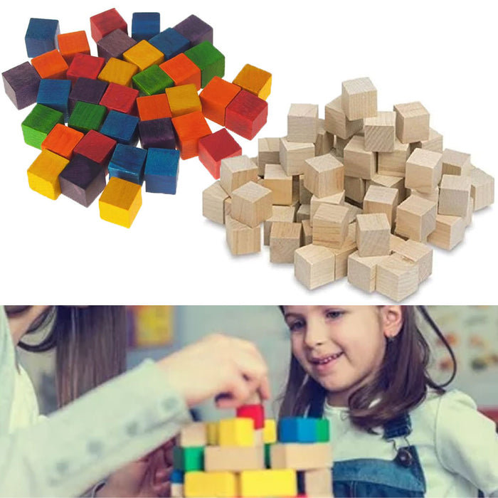 144 Wood Cubes Wooden Craft Blocks Assorted Color Natural Hardwood Squares 0.58"