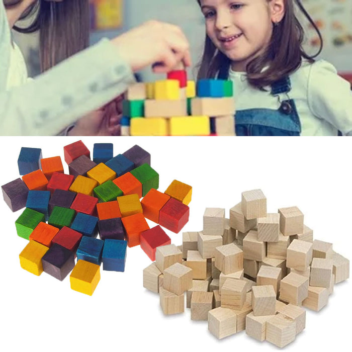 72 Wooden Craft Blocks Assorted Color Natural Cubes Hardwood Square Wood 0.58"