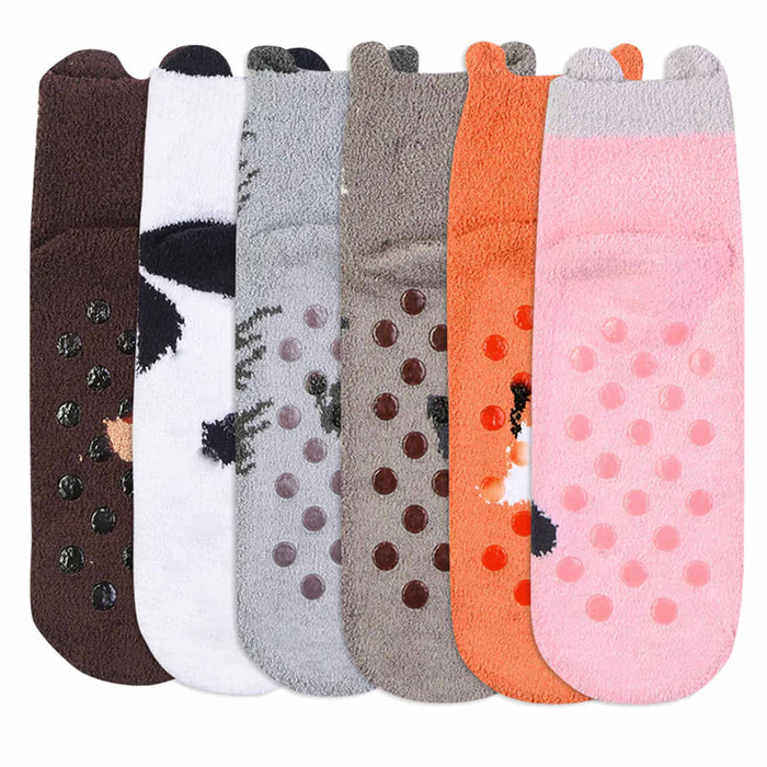 2 Pairs Women's Soft Cozy Fuzzy Socks Ankle Non-Skid Grip Animal Slipper 9-11
