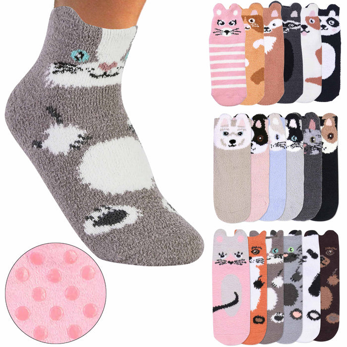2 Pairs Women's Soft Cozy Fuzzy Socks Ankle Non-Skid Grip Animal Slipper 9-11