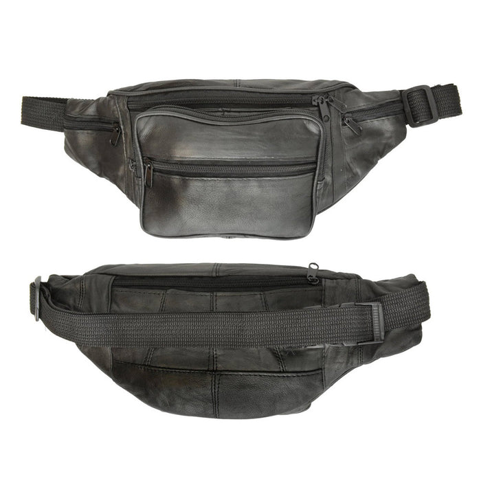 Black Leather Waist Fanny Pack Hip Belt Bag Pouch Travel Hip Purse Multi Zipper