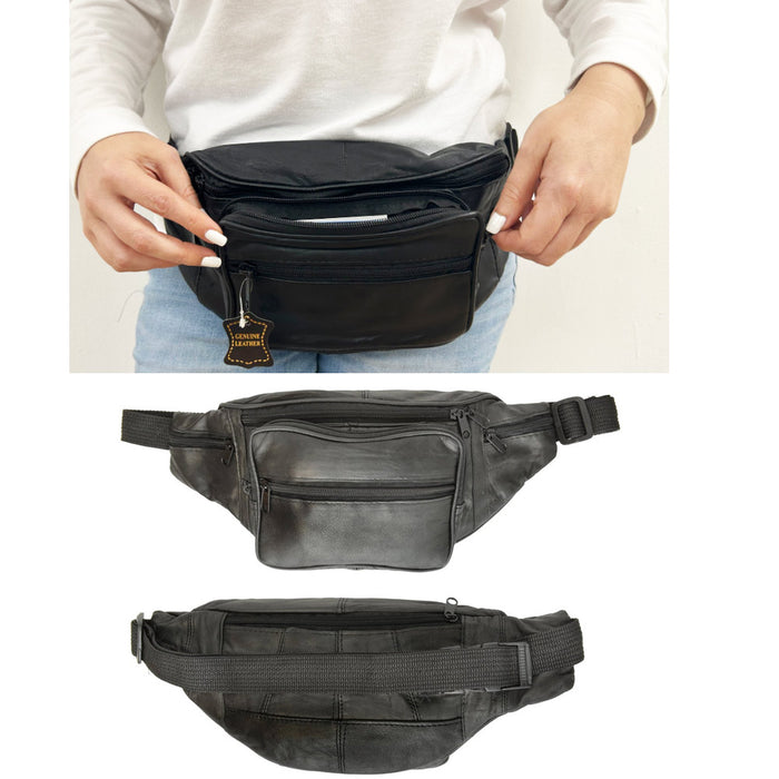 Black Leather Waist Fanny Pack Hip Belt Bag Pouch Travel Hip Purse Multi Zipper