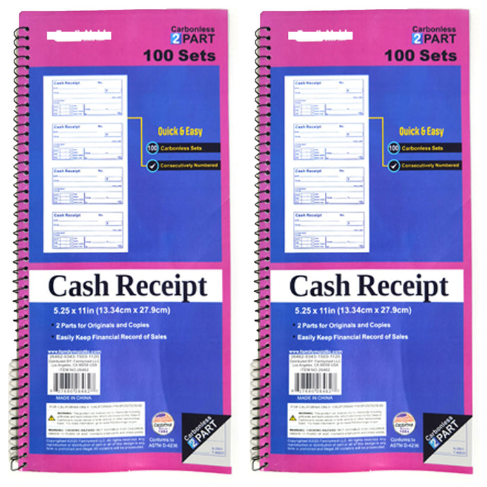 2 X Carbonless Cash Receipt Book 2 Part 50 Sets Rent Record Invoice 5.25" x 11"
