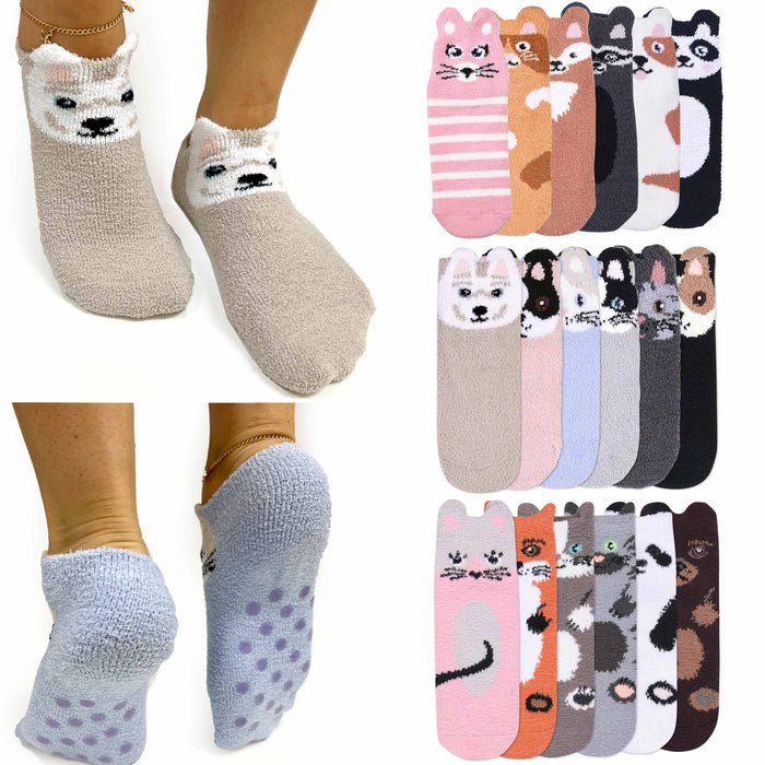2 Pairs Women's Soft Cozy Fuzzy Socks Ankle Non-Skid Grip Animal Slipper 9-11