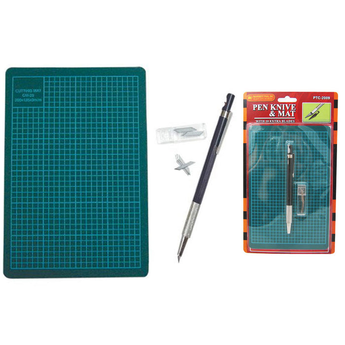 Pen Knife Cutting Board Mat +10 Blades Exacto Hobby Craft Tools Compact Office