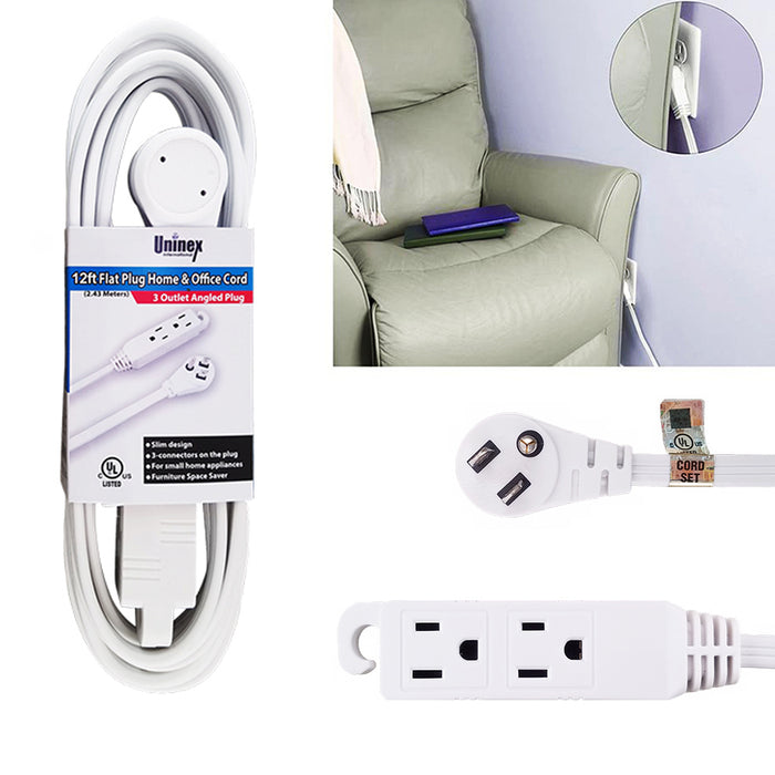 2 12Ft Power Extension Cord 3 Outlet UL 16 Gauge Electric Flat Cable Plug Indoor