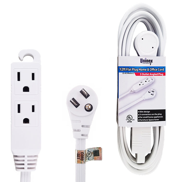 2 12Ft Power Extension Cord 3 Outlet UL 16 Gauge Electric Flat Cable Plug Indoor