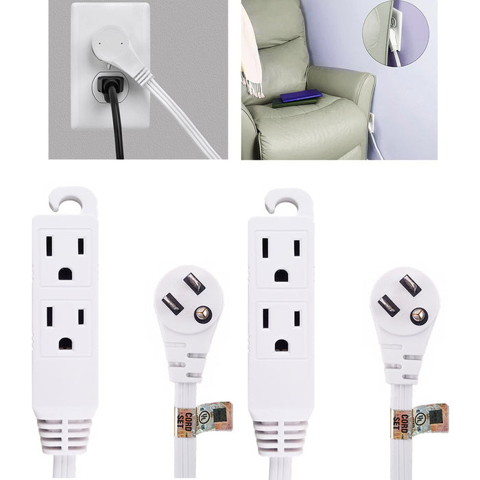 2 12Ft Power Extension Cord 3 Outlet UL 16 Gauge Electric Flat Cable Plug Indoor