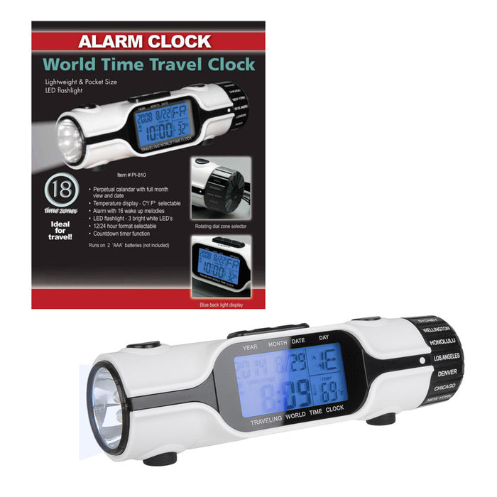 World Time Travel Alarm Clock Digital LCD Backlit Screen LED Torch Flashlight !