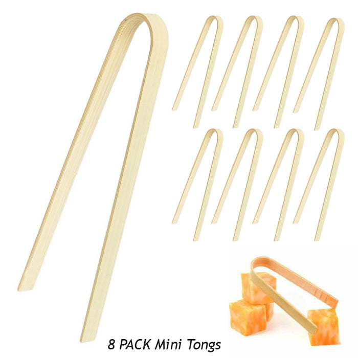 8 Pc Mini Tongs Bamboo Wood Natural Disposable Small Utensil Toast Appetizer 4"
