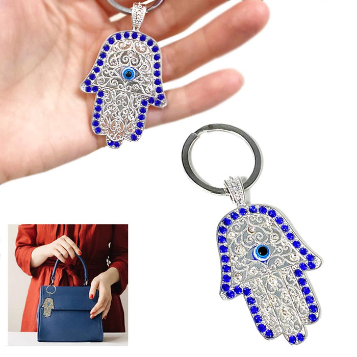 Hamsa Hand Fatima Evil Eye Silver Keychain Protection Charm Key Holder Good Luck