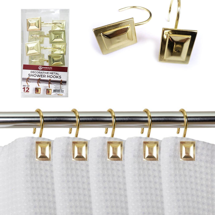 12 Pack Decorative Metal Shower Hooks Heavy Duty Rod Curtain Rings Bathroom Gold