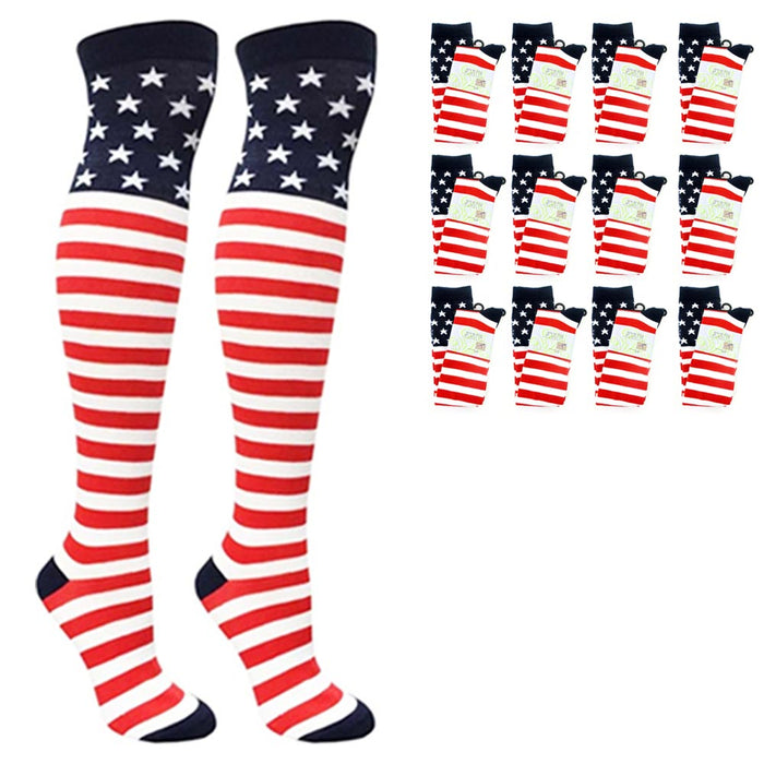 12 Pairs Over Knee American Flag Socks Tight High USA Star Strip Patriotic Women