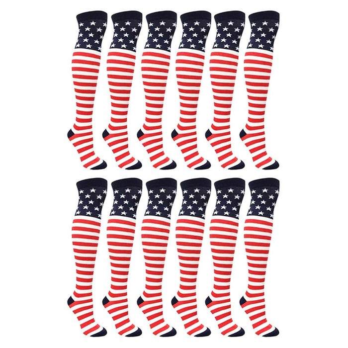 12 Pairs Over Knee American Flag Socks Tight High USA Star Strip Patriotic Women
