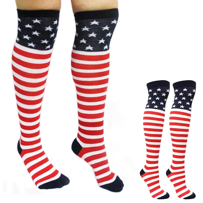 American Flag Knee High Socks USA Freedom Stars Stripes Design Patriotic Woman