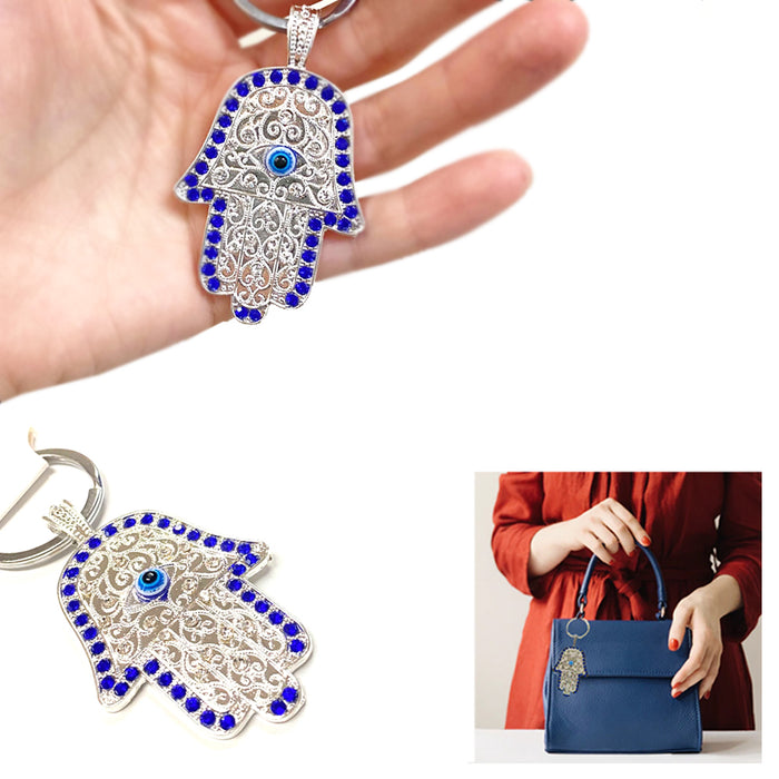Hamsa Hand Fatima Evil Eye Silver Keychain Protection Charm Key Holder Good Luck
