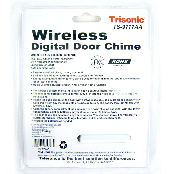 Wireless Door Bell Chime Battery Operated Powered 36 Musical Melodies LED Light