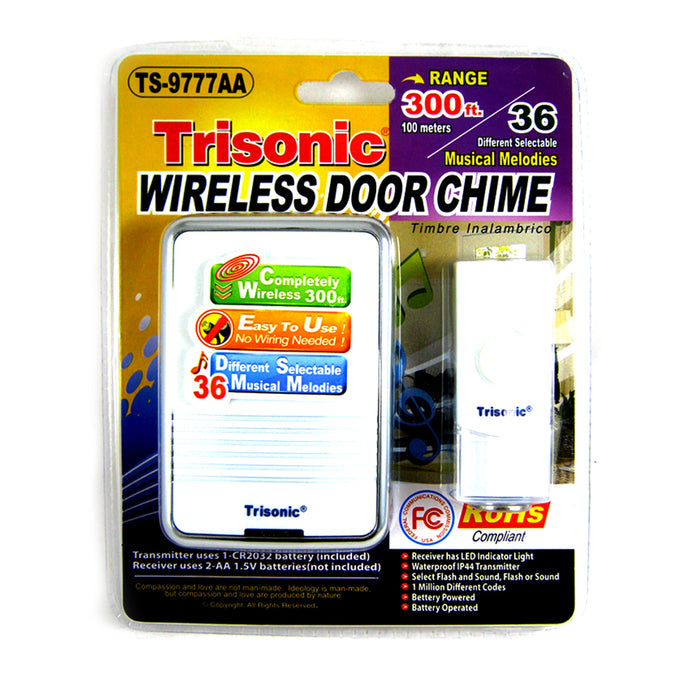 Wireless Door Bell Chime Battery Operated Powered 36 Musical Melodies LED Light