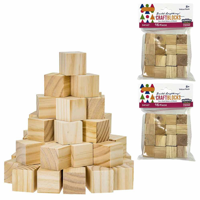 32 PC Natural Wooden Craft Blocks Unfinished Hardwood Square Wood Block 1" Cubes