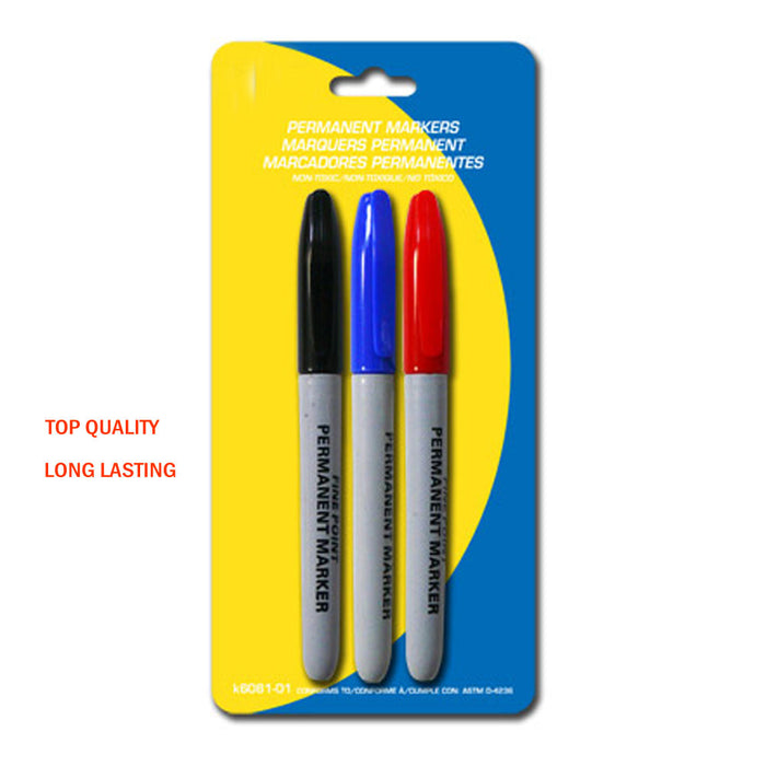 3 Pc Permanent Markers Fade Water Resistant Super Assorted Ink Fine Point School