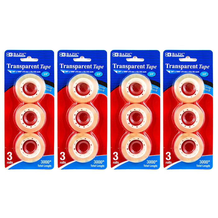 12 Pack Clear Invisible Tape 1" Core 3/4" x 1000" Transparent Refill Office Home