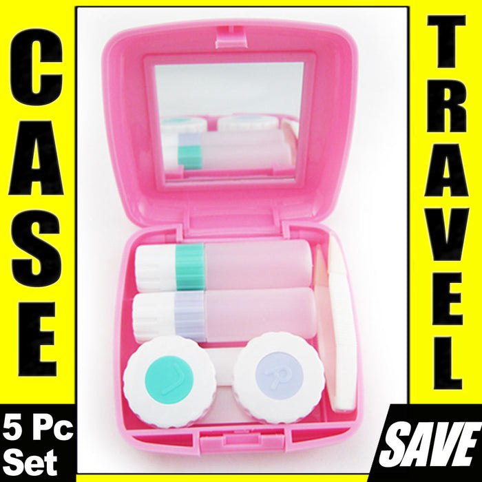 Travel Contact Lens Case Kit Compact Mirror Eye Care Saline Solution Bottle Pink